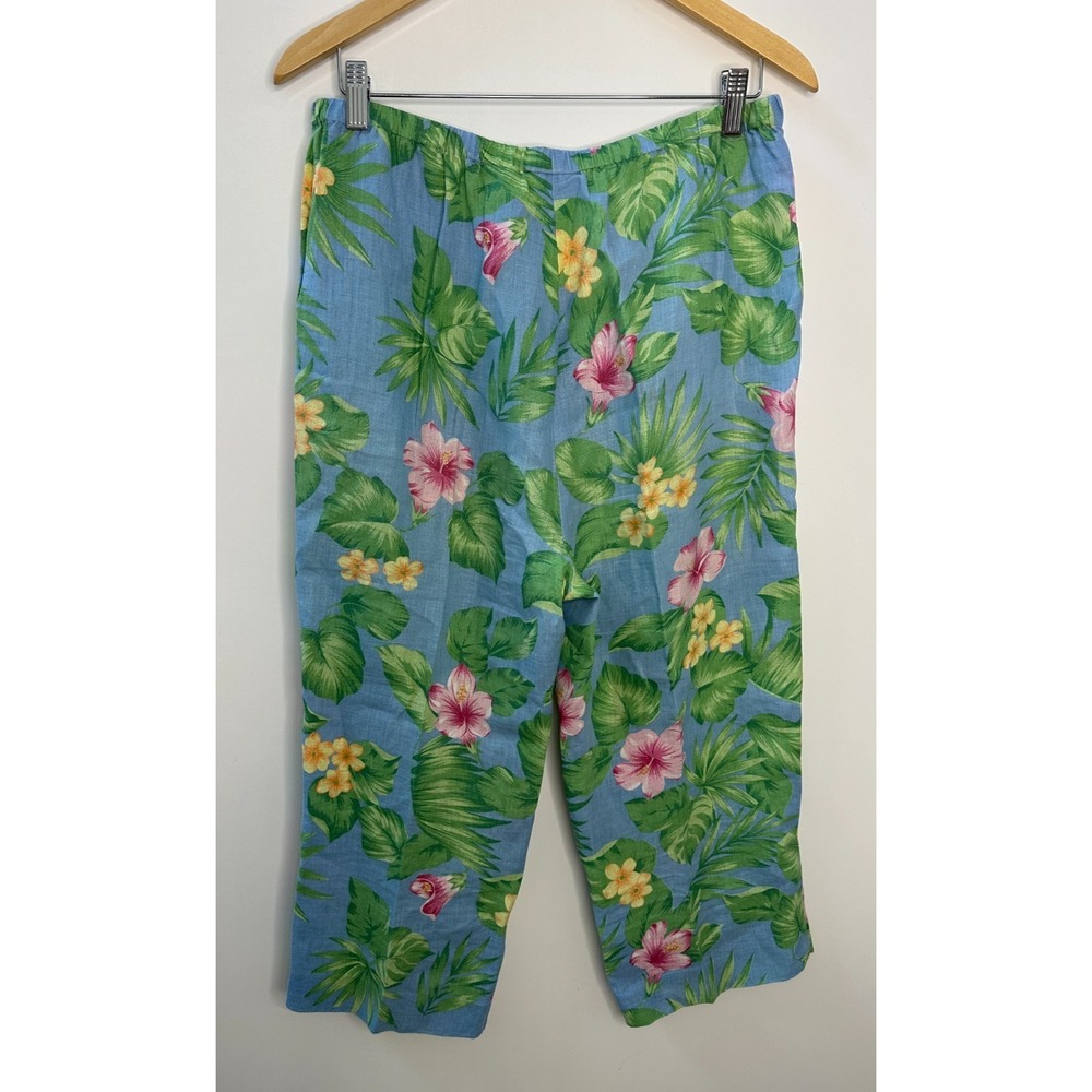 Shegos 100% Linen Pull On Crop Pants Tropical Hibiscus Floral Blue Pink Size 2 - Picture 7 of 10